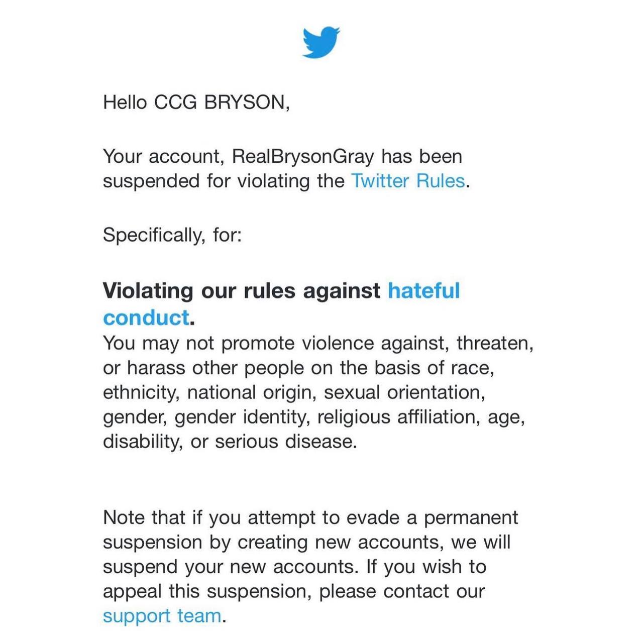 Bryson Gray Twitter ban email